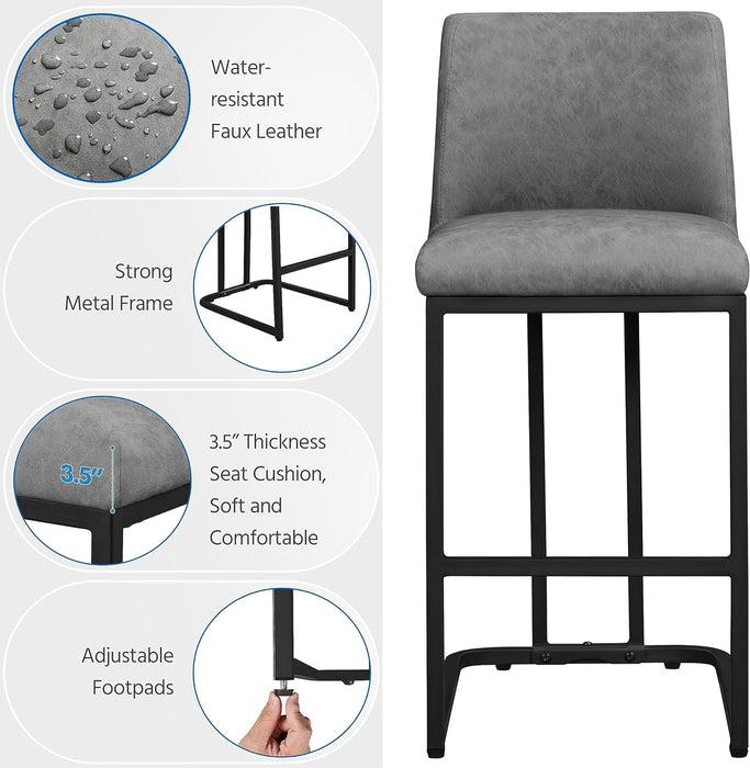 Counter Height Bar Stools 24'' Bar Stools Set of 2 Leather Bar Chairs Modern Upholstered Barstools with Back for Kitchen Counter Gray