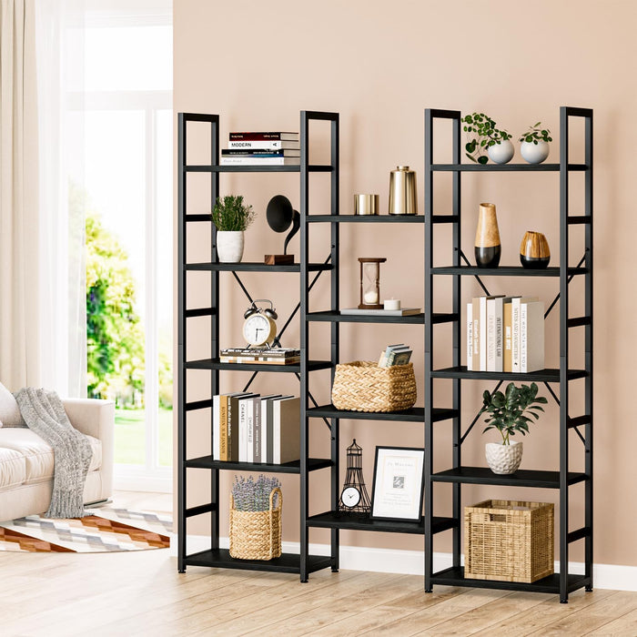 Industrial Black Triple Column Five Tier Bookshelf