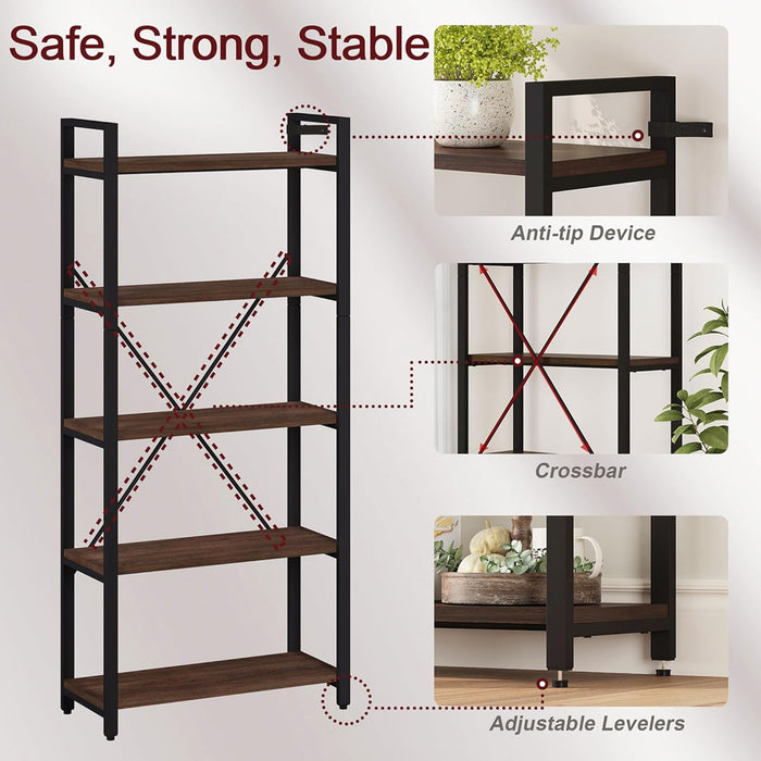 5 Tier Industrial Bookshelf Dark Walnut WoodFinish