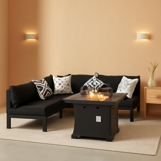 ® Modern Large Grey Aluminum Outdoor Patio Furniture Set with Fire Pit Table, 29'' Deep Wide Seating Conversation Sofa L Shaped Sectional Couch Set (6 Pieces, 5 Seats)