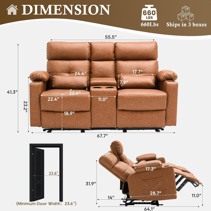 Power Loveseat Recliner Sofa with Console, Loveseat Reclining Sofa with Heat & Massage, Home Theater Seating with Lumbar Pillow for Living Room, RV Recliner Loveseat(Pu, Yellowish Brown)