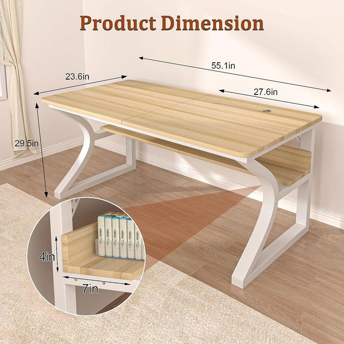 47'' Computer Desk Home Office Desk, Modern Computer Desk W/U Shaped Metal Frame, Storage Shelves, PC Table Study Writing Desk Workstation for Home Office (55Inch/Light Walnut Color)