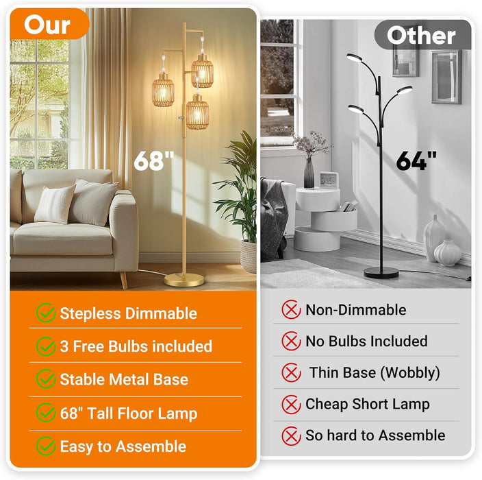 Dimmable Boho Floor Lamp - 3 Light Farmhouse Rattan Floor Lamp for Living Room, Industrial Tree Floor Lamps with 3 X 6W LED Bulbs, Rustic Standing Tall Lamp for Bedroom, 68", Gold