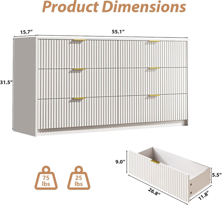 55" Wide Fluted 6-Drawer Double Dresser for Bedroom, White