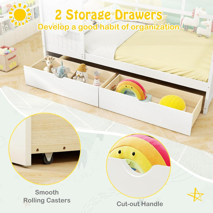 White Twin Size Wooden House Bed TwoUnderbedStorageDrawers