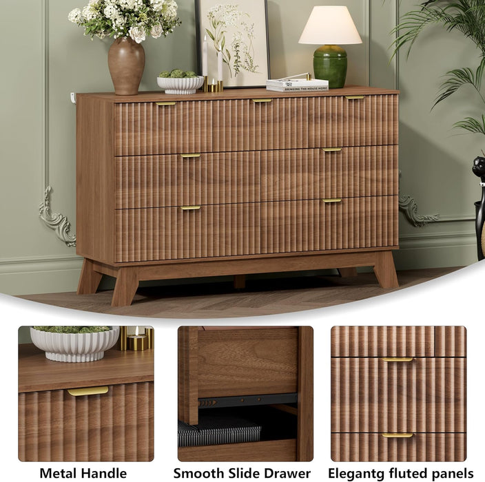 7 Drawer Fluted Dresser for Bedroom, Mid Century Modern Wooden Dresser with 7 Drawers, Dressers & Chests of Drawers with Metal Handle, TV Stand & Storage Organizer for Entryway, Hallway, Walnut