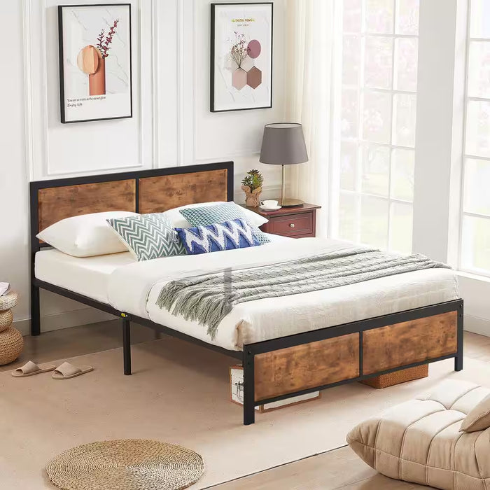 Queen Size Platform Metal Bed Frame with Wooden Headboard and Footboard，Rustic Country Style Bed Frame，62.9"W，Brown