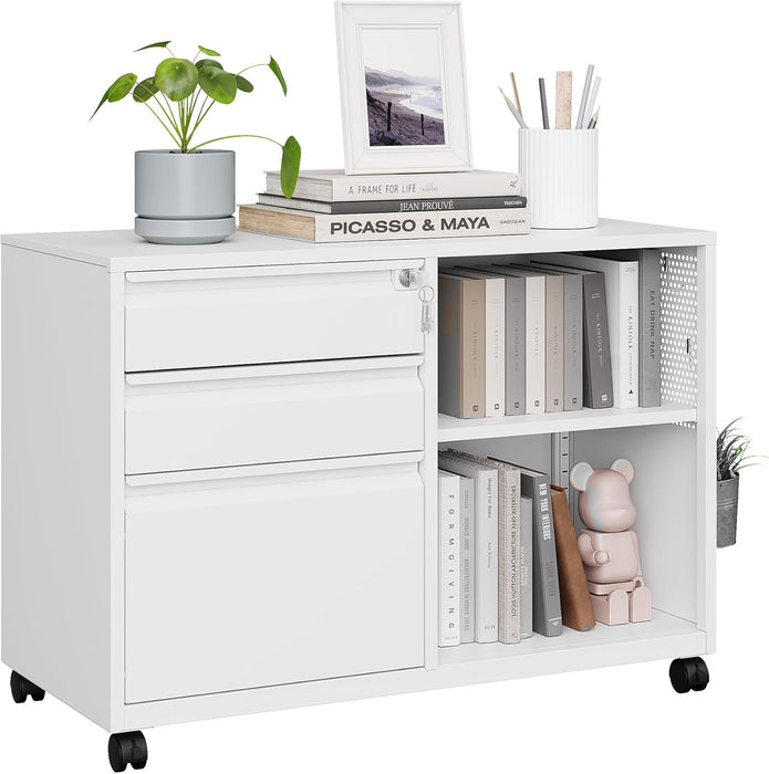 White 3-Drawer Rolling Metal File Cabinet Lockable
