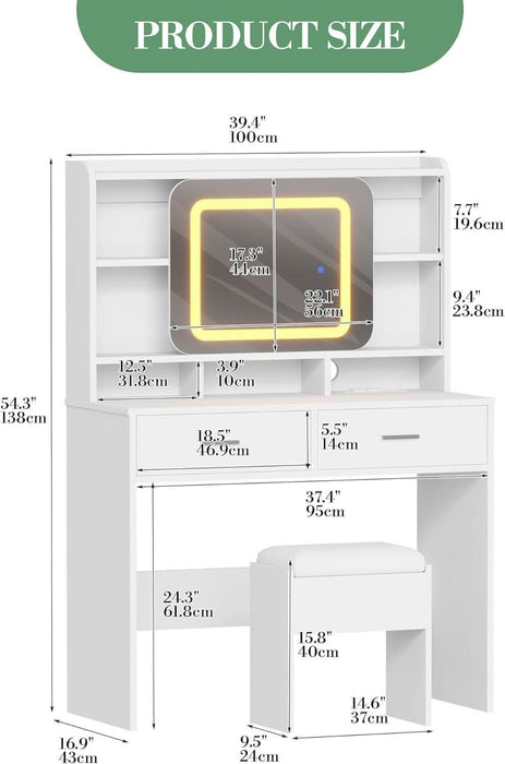 Vanity Desk with Sliding Mirror, Makeup Desk and Stool with Lights in 3 Colors, Girls Vanity Table with Charging Station, 2 Drawers & Storage Shelves for Bedroom, White