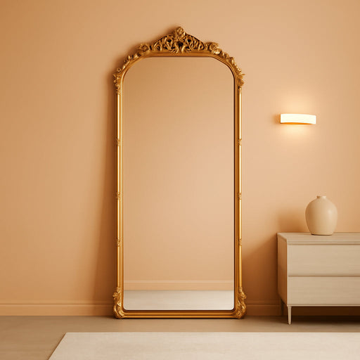 69"X28" Antique Gold Arched Vintage Floor Mirror with Carved