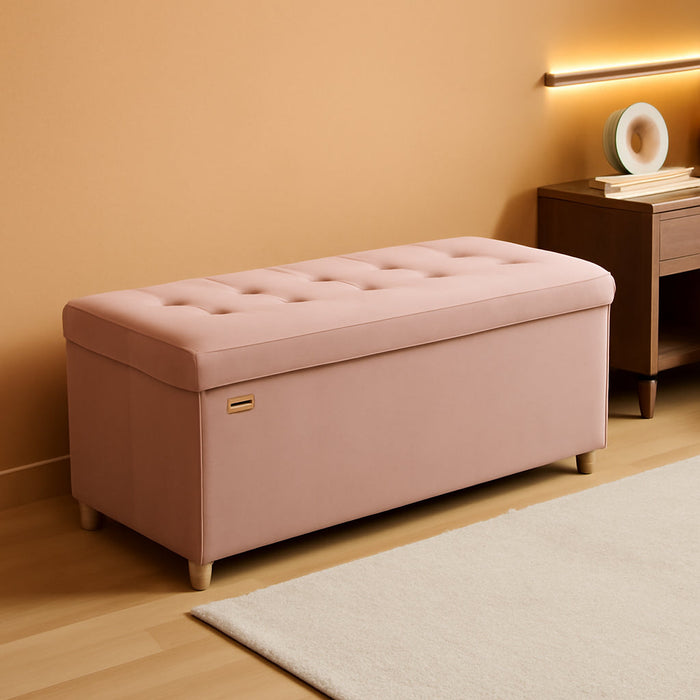 Storage Ottoman Bench, Folding Storage Chest, 15 X 43.3 X 15.7 Inches, Foot Rest Stool, 30 Gal. (112 L), Velvet Surface, for Bedroom, Entryway, Living Room, Jelly Pink ULSF0518R02