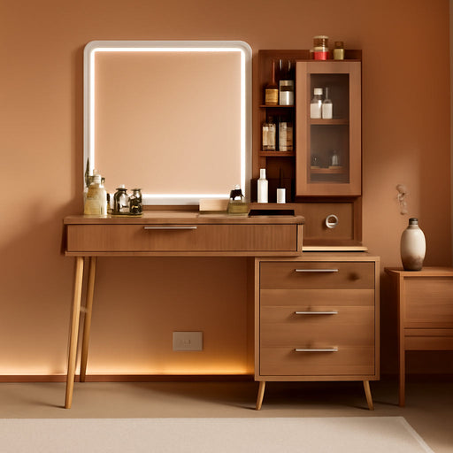 Vanity Desk with 29.53" HD Lighted Mirror, 47.24" Big Modern Vanity Desk with Mirror and Lights, Makeup Vanity with 5 Drawers and Storage Shelves and Charging Station,Brown