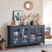 Large Sideboard Buffet Cabinet with Storage, 63" Farmhouse Navy Blue Kitchen Coffee Wine Bar Cabinet with 4 Glass Doors, Mid Century Modern Wood Side Board Table for Dining Room, Living Room