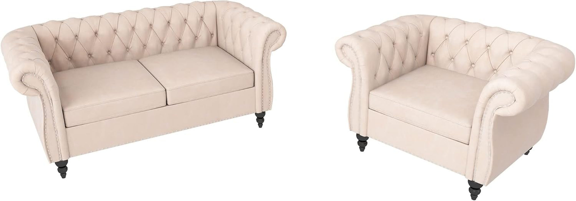 2 Piece Living Room Set, Chesterfield Velvet Sofa Loveseat Couch Chair with Scroll Arms and Nailhead for Living Room, Office (Beige, 1-2)