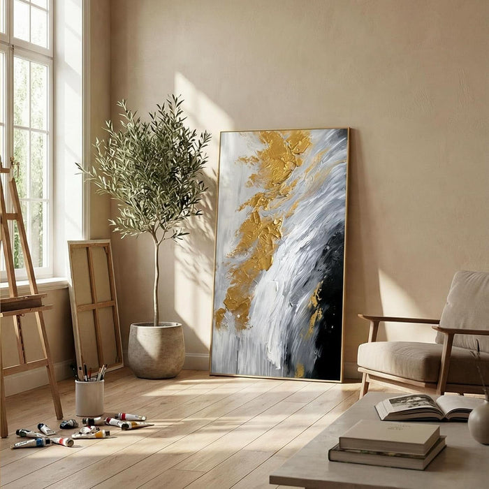 Large Hand-Painted Black and White Abstract Oil Painting on Canvas for Entrance-Hall, Framed Minimalist Wall Art for Living Room, Gold 3D Textured Office Wall Picture for Bedroom Kitchen Home Decoration 28X56Inch