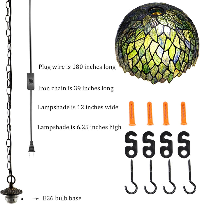 Stained Glass Style Plug in Hanging Lamp Multicolor Leaf 180 Inch