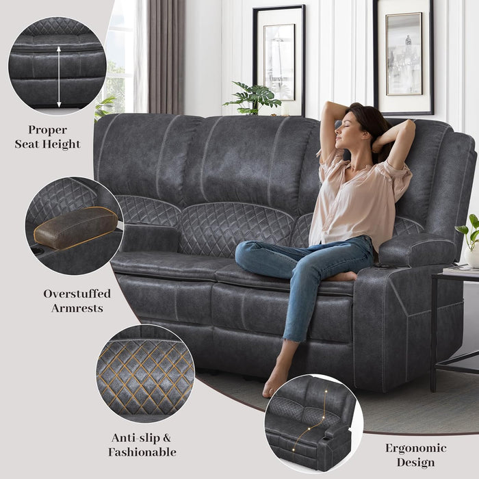 3-Seater Recliner Sofa, Manual Reclining Couch with Multi-Functional Middle Seat, Reclining Sofa for Living Room with Hidden Storage Space, Cup Holders, and Removable Console - Grey