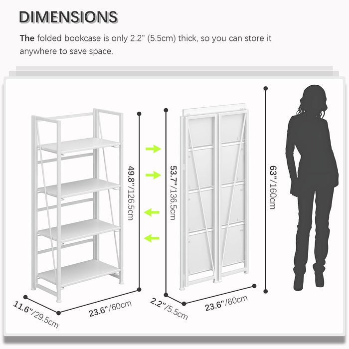 No Assembly Folding Bookshelf Storage Shelves 4 Tiers Vintage Bookcase Standing Racks Study Organizer Home Office (All White)