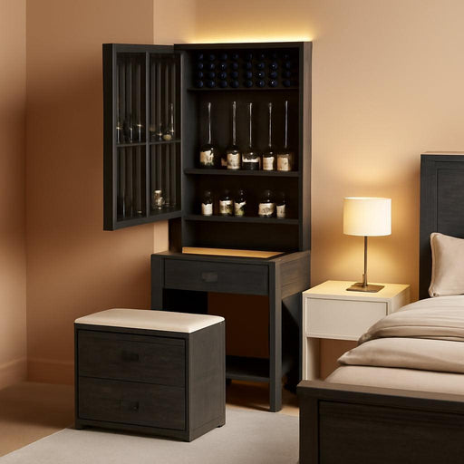 Small Vanity Desk with Mirror and Lights, Modern Glass Top Dressing Table with Wheels & Charging Station, Compact Makeup Vanity Set with Jewelry Space & Hidden Storage Stool (Rustic Brown)