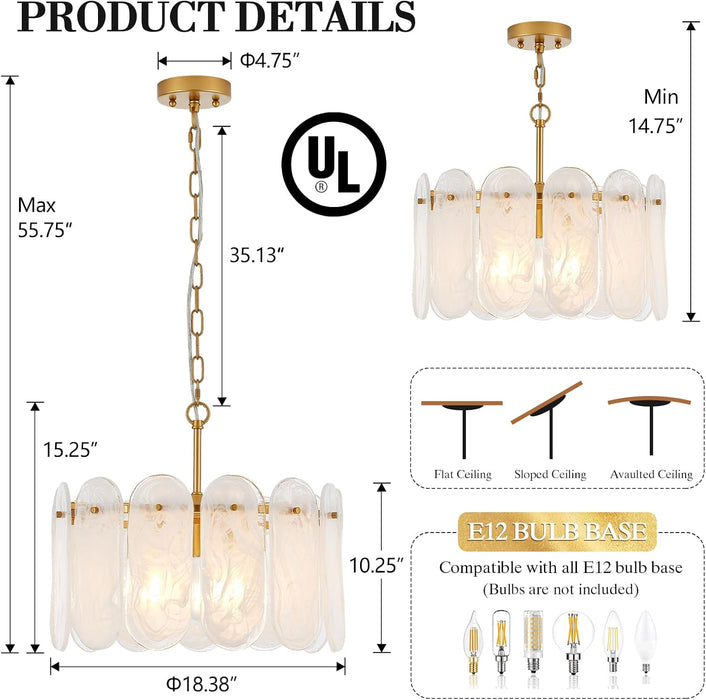 Modern Gold Chandelier, 18.3’’ Luxury Glass Chandelier for Dining Room Clound Glass 3-Light Drum Pendant Light Fixture for Bedroom Kitchen Island Entryway