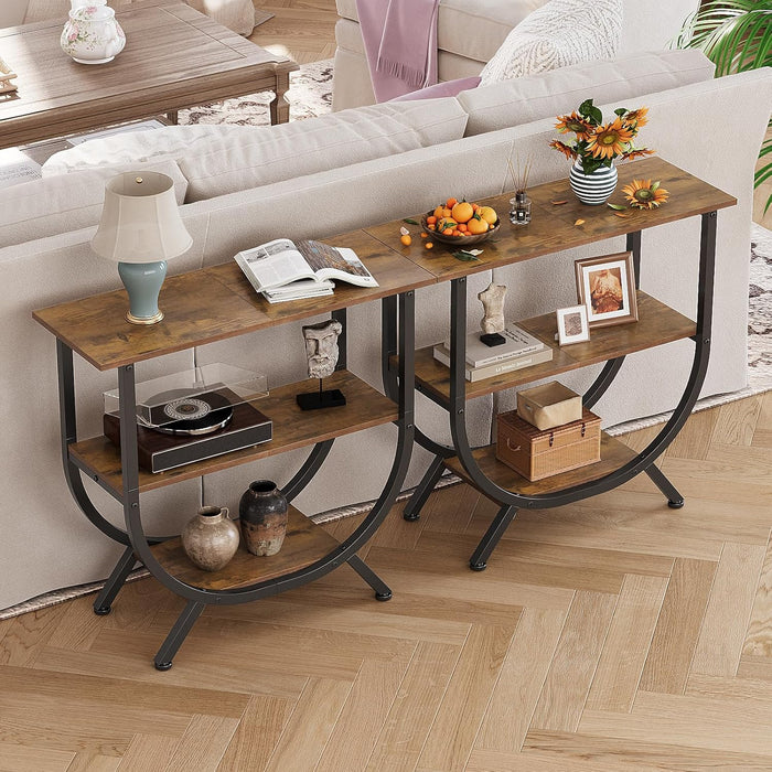 3 Tier Console Table with Storage 30" Height Entryway Table with Open Shelves Industrial Sofa Table behind Couch for Living Room Hallway Entrance (Rustic Brown)