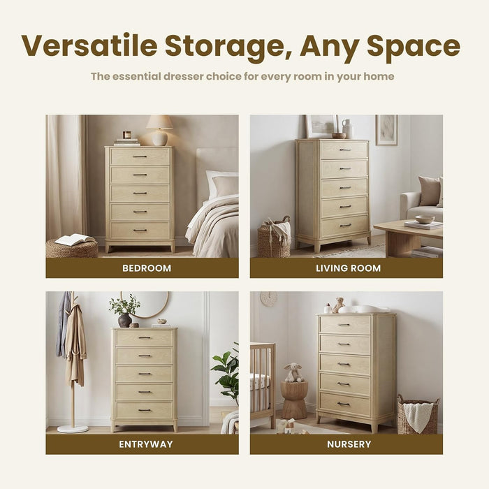 5 Drawer Dresser for Bedroom, Modern Farmhouse Chest of Drawers with Rattan Side Panels, Wooden Storage Cabinet with Metal Handles, Solid Wood Legs & Anti-Tip Kit for Living Room, Natural Wood