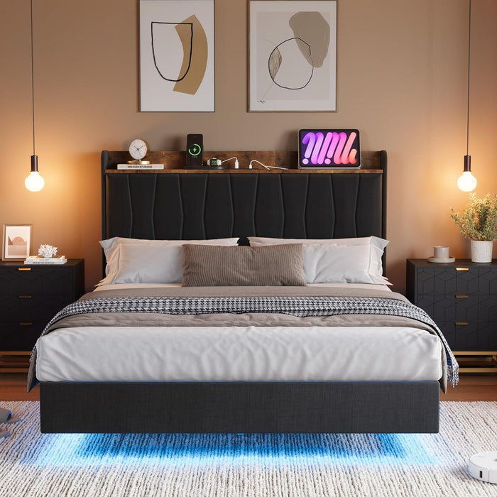 Full Floating Bed Frame with LED Lights & Charging Station, Upholstered Platform Bed with Storage Headboard, Wood Slats Support, No Box Spring Needed, Easy to Assemble, Black