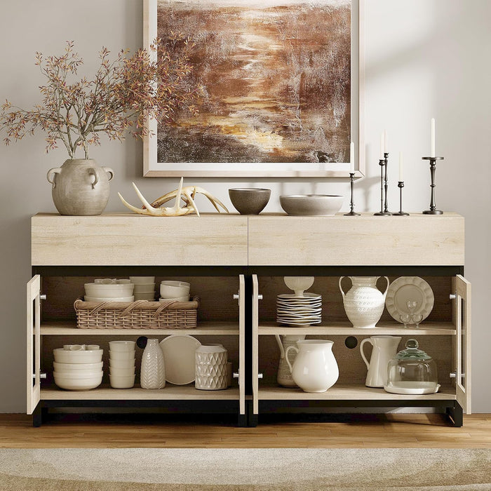 2 in 1 Multifunctional Sideboard Buffet Cabinets with 4 Glass Doors, Modern Sideboard Credenza, Coffee Bar Cabinet for Living Room, Kitchen, Light Oak