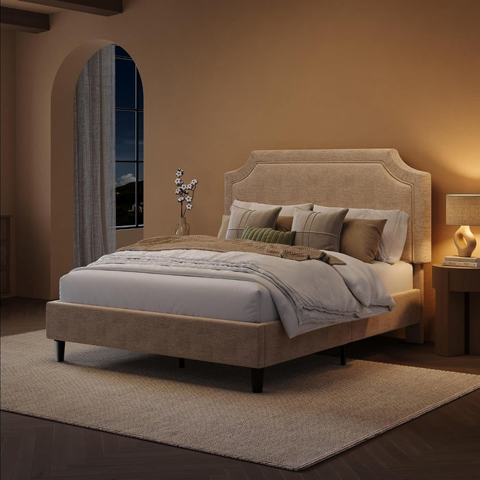 Chenille Queen Size Bed Frame with Belgrave Headboard, Beige