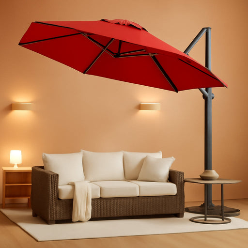10 X 10FT Cantilever Patio Umbrella, 360-Degree Rotation Square Hanging Offset Umbrella with Crank, Heavy Duty Patio Umbrella for Patio, Pool, Garden, Deck, Red (Base Not Include)