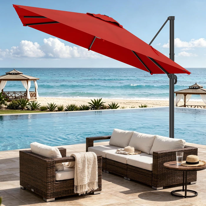 10 X 10FT Cantilever Patio Umbrella, 360-Degree Rotation Square Hanging Offset Umbrella with Crank, Heavy Duty Patio Umbrella for Patio, Pool, Garden, Deck, Red (Base Not Include)
