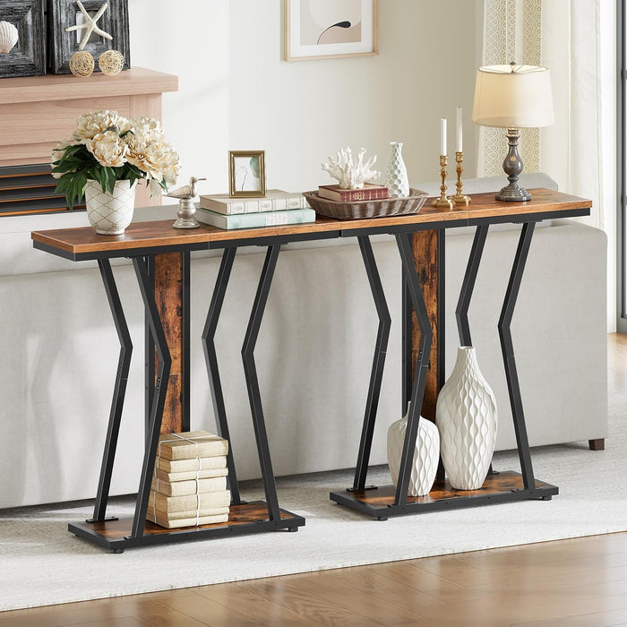 Narrow Console Table, 29.5" Small Entryway Table with Storage, 2-Tier Sofa Table behind Couch, Modern Style, for Living Room, Hallway, Foyer, Bedroom, Rustic Brown and Black BF66XG01