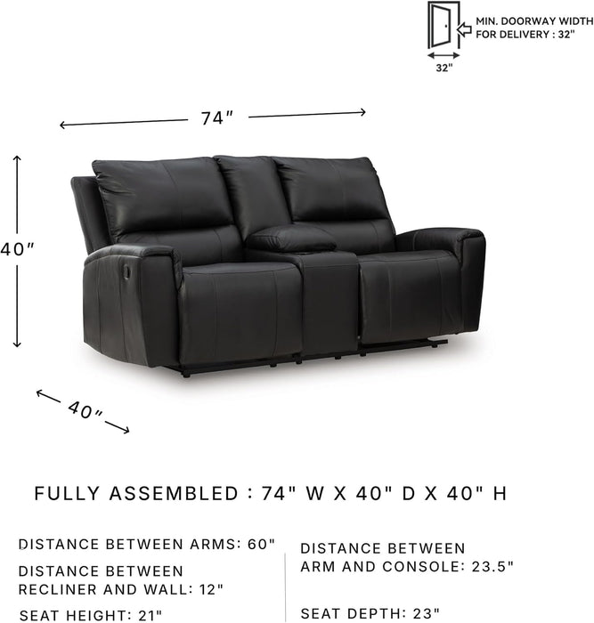 Glassmere Contemporary Leather Match Reclining Loveseat with Console, 2 Cup Holders and Storage, Black