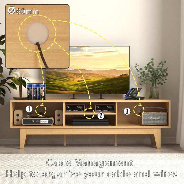 Boho TV Stand for 55 65 Inch TV, Rattan Entertainment Center with Shelves, Cabinets and Sliding Doors, TV Media Console Table with Solid Wood Feet & Cord Holes for Living Room, Bedroom, Natural