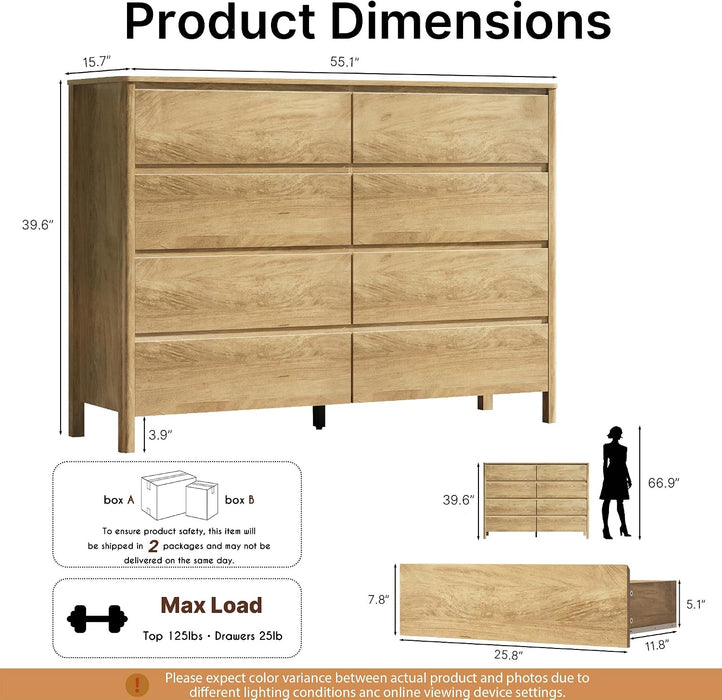 Oak 8 Drawer Dresser for Bedroom, 55" Wide Modern Wood Dresser