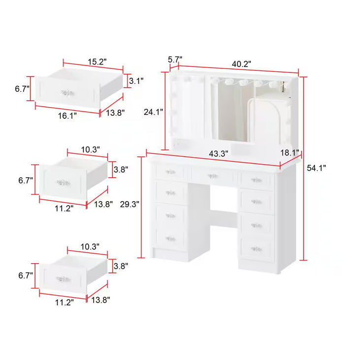 White Makeup Vanity Table Dressing Desk W/3-Mirrors,Lighted Mirror, Drawers, Hidden Storage Shelves Carved Metal Handles