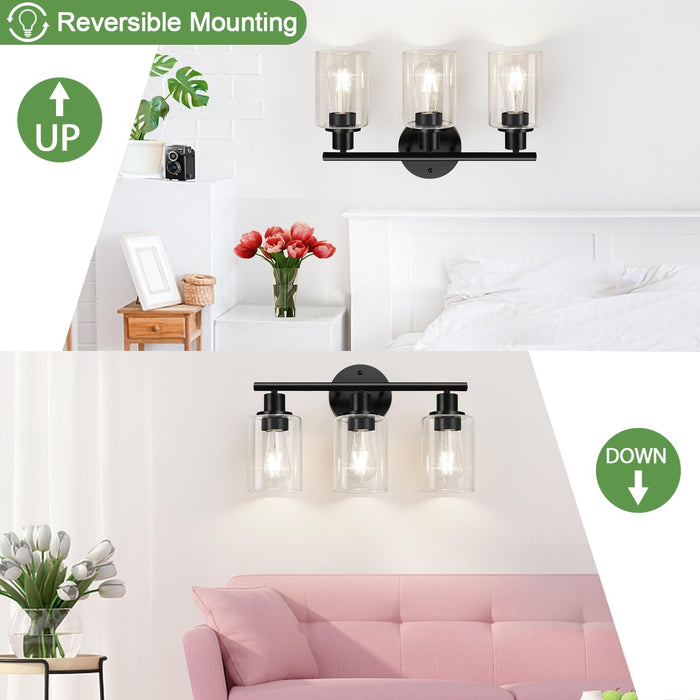 3-Light Bathroom Light Fixtures, 17.23" Black Modern Vanity Lights with Clear Glass Shade, Bathroom Wall Lamp for Mirror Kitchen Living Room Hallway Cabinet Porch