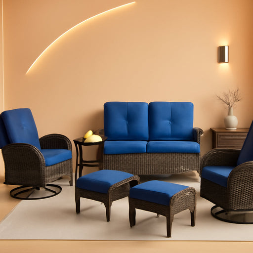 6 Piece Patio Conversation Sets - Wicker Patio Furniture Sets with Outdoor Swivel Rocker Chairs, Glider Loveseat Perfect for Patio Deck Backyard, Brown Wicker Blue Cushion