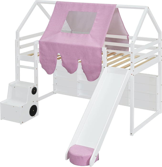 Twin Size Loft Bed With Slide PlayhouseCastleFortress