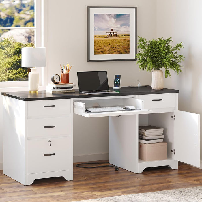 59” Office Desk with Lockable Drawers, Modern Computer Desk with File Drawer, Charging Station & Drop-Front Keyboard Drawer, Executive Desk with Storage Cabinet for Home Office & Studio, White