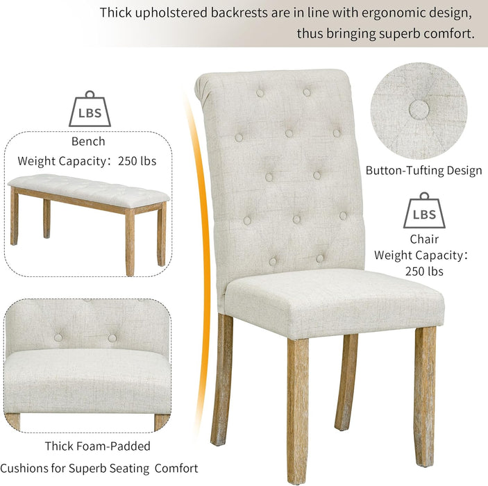 Solid Wood Kitchen Dining Room Table Set with Bench and Chairs for 6 Persons, Dining Table Set with with Rectangulars Table and Upholstered Seat, Natural Wood Wash