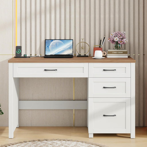 Farmhouse 47" Executive Desk, Computer Desk with File Drawer and Charging Station, Workstation for Home Office & Study.Off White