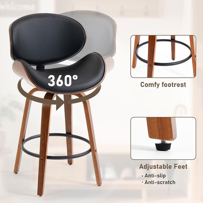 Bar Stools Set of 3, 26 Inch Leather Upholstered Counter Height Bar Stools with Curved Seat and Backrest, 360° Swivel Walnut Wood Barstools for Kitchen Island, Bar, Cafe, Black