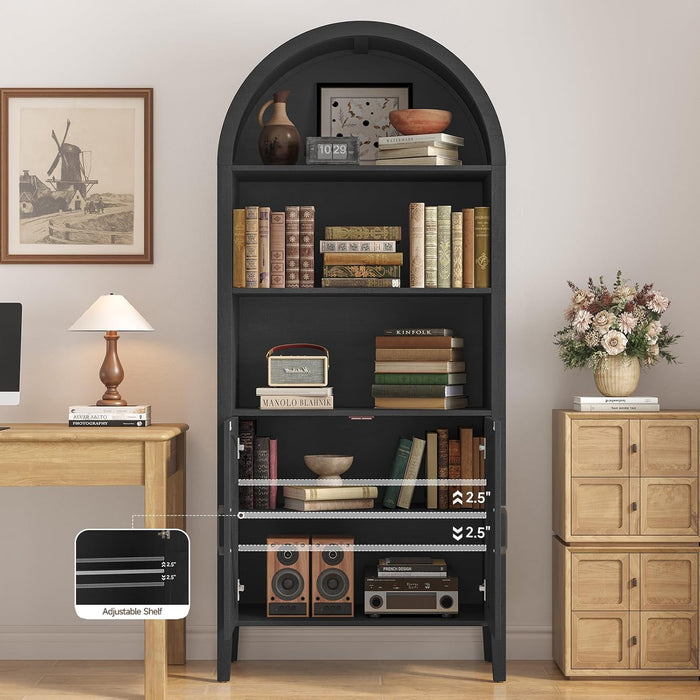 71" Tall Arched Bookshelf, 5-Tier Arched Bookcase with Door & Storage Cabinet, Farmhouse Display Bookshelf Cabinet with Adjustable Shelf, Freestanding Wood Bookcase for Home Office, Study
