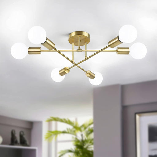 Modern Sputnik Chandelier 6-Light Industrial Ceiling Lights Fixture Gold Semi Flush Mount Ceiling Light Fixture with E26 Base Sputnik Lights Fixture for Dining Room Bedroom Foyer Hallway Living Room