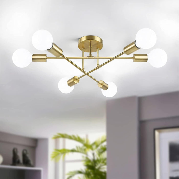 Modern Sputnik Chandelier 6-Light Industrial Ceiling Lights Fixture Gold Semi Flush Mount Ceiling Light Fixture with E26 Base Sputnik Lights Fixture for Dining Room Bedroom Foyer Hallway Living Room