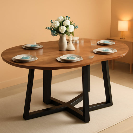 Extendable round Dining Table Wood Circle to Oval Kitchen Table for 4 to 6 People with Black Cross Metal Legs Modern Rustic Walnut Dinner Table Space Saving Furniture