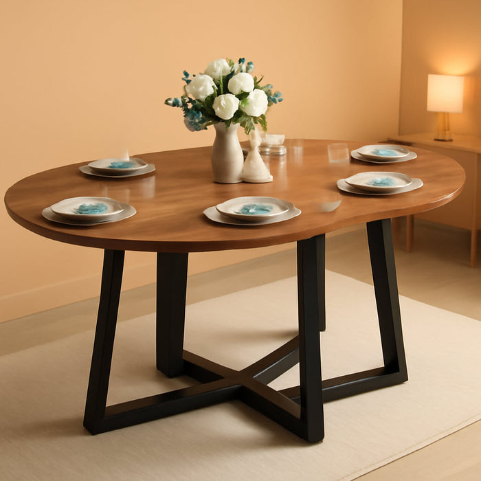 Extendable round Dining Table Wood Circle to Oval Kitchen Table for 4 to 6 People with Black Cross Metal Legs Modern Rustic Walnut Dinner Table Space Saving Furniture