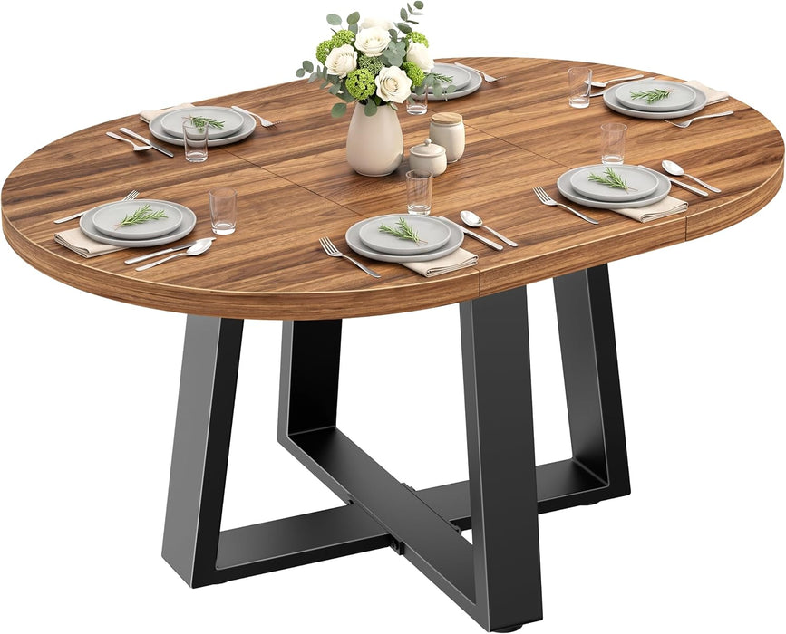 Extendable round Dining Table Wood Circle to Oval Kitchen Table for 4 to 6 People with Black Cross Metal Legs Modern Rustic Walnut Dinner Table Space Saving Furniture