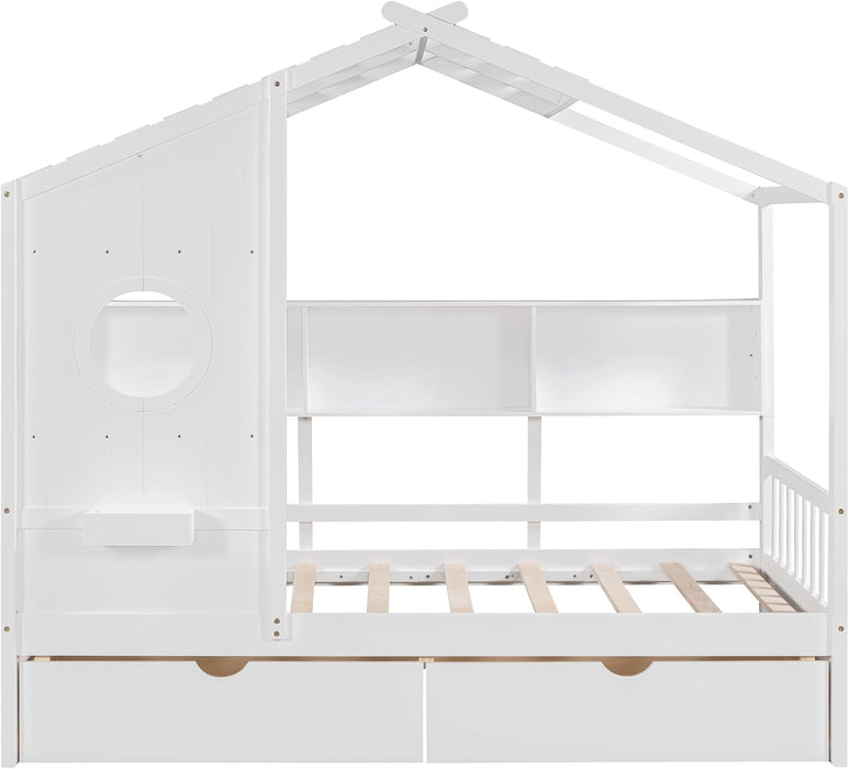 White Twin HouseShaped Bed Frame With StorageSpace